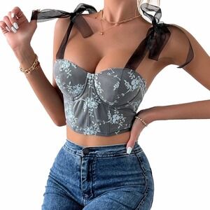 Floral Corset Top Lace Up Ribbon Tie Bustier Crop Top Large adjustable Gray